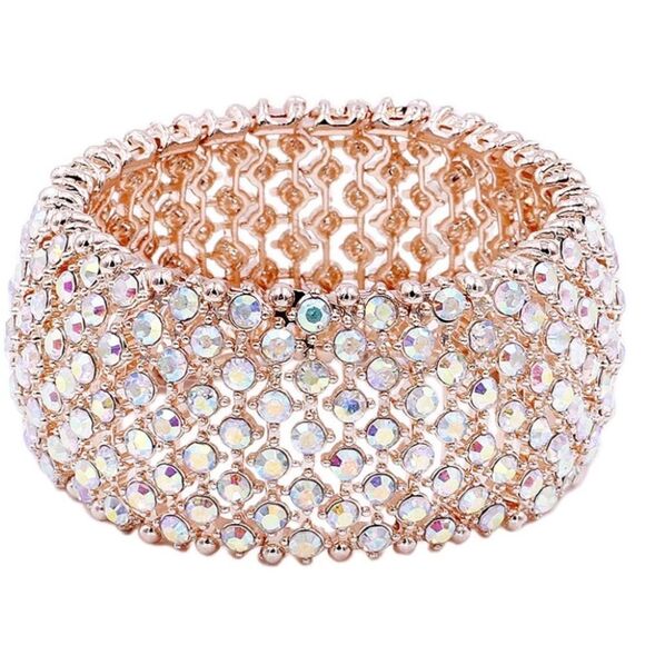 Rose Gold and Iridescent AB Austrian Crystal Tennis Stretchable Bracelet Bangle - Picture 1 of 5